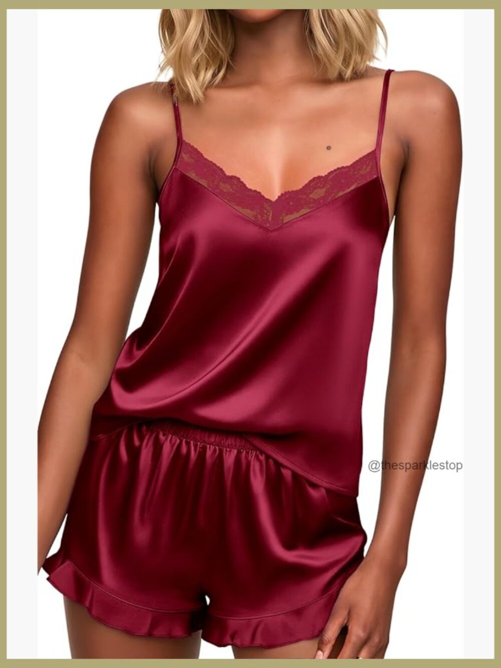 Satin Pajama Set with Lace Camisole and Ruffle Shorts